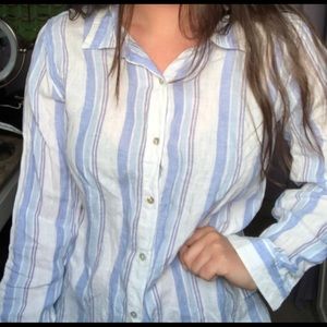 Blue and white striped linen long sleeve button up